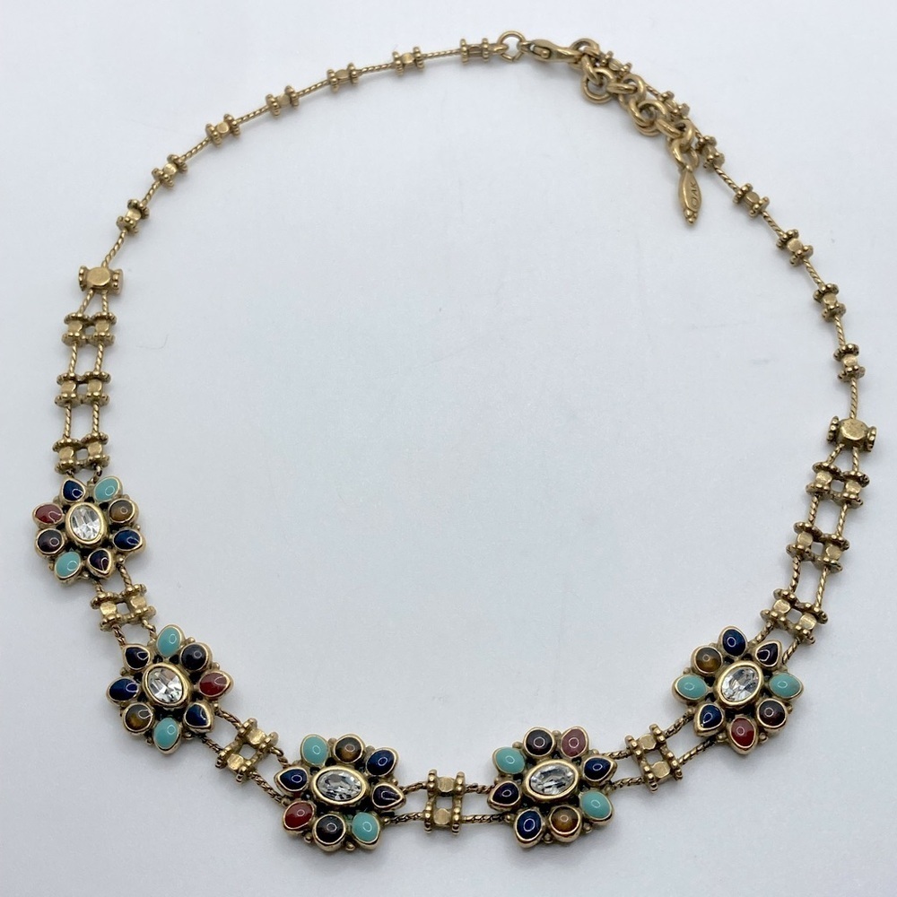 Vtg 80s AK Anne Klein Flower Cabochon Rhinestone Brass Metal Necklace 16” + 1.5” - Picture 1 of 10